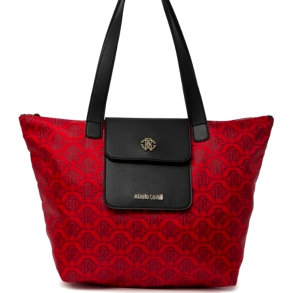Roberto Cavalli Nylon Red/Black Logo Pattern Folding Medium Shopper Tote Bag